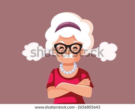 
Angry Granny Fuming with Rage Vector Cartoon Illustration. Infuriated pensioner with arms crossed manifesting rage 

