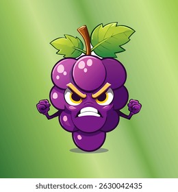 Angry Grape Mascot: A cartoon illustration of an angry grape mascot, showcasing its intense expression and vibrant purple hue on a green gradient background