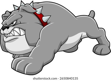 Angry Gray Bulldog Cartoon Character Charging Aggressively With Spiked Collar – Vector Hand Drawn Illustration Isolated On Transparent Background