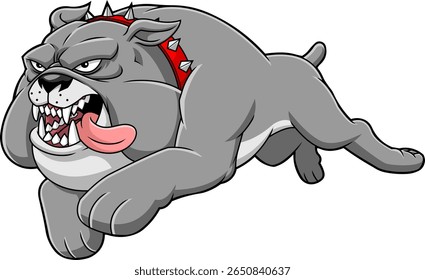 Angry Gray Bulldog Cartoon Character Jumping Aggressively With Tongue Out – Vector Hand Drawn Illustration Isolated On Transparent Background