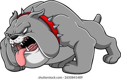 Angry Gray Bulldog Cartoon Character Growling With Tongue Out – Vector Hand Drawn Illustration Isolated On Transparent Background