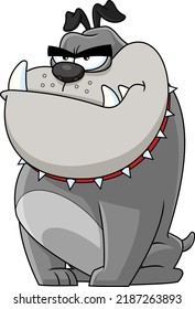 Angry Gray Bulldog Cartoon Mascot Character With Spiked Collar. Vector Hand Drawn Illustration Isolated On Transparent Background