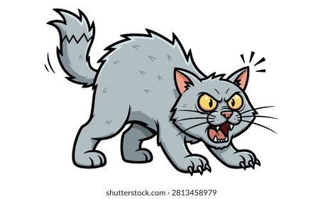 Angry gray cat hissing and arched back with aggressive illustration character
