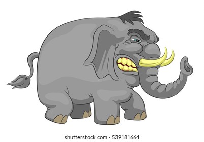 Angry gray elephant vector illustration. Furious  elephant with large tusks.