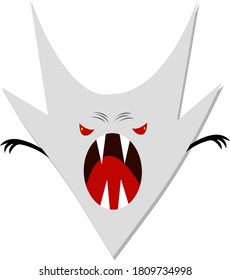 Angry gray ghost with red eyes open mouth and sharp fangs object on white background cartoon character for Halloween mysticism concept