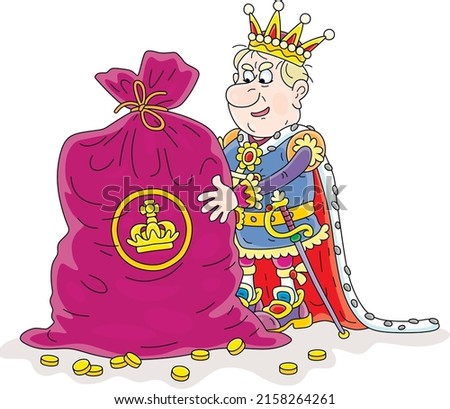 Angry and greedy king and a big bag of gold coins from his royal treasury with fabulous wealth, vector cartoon illustration isolated on a white background