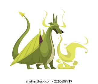 Angry green cartoon fire breathing dragon vector illustration