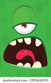 Angry green cartoon monster face with one eye.  Illustration of cute and happy monster expression.
 Halloween design. Great for party decoration
