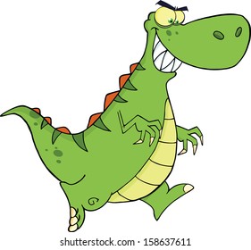 Angry Green Dinosaur Cartoon Character Running. Vector Illustration Isolated on white