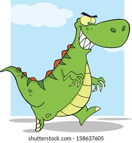 Angry Green Dinosaur Character Running. Vector Illustration 