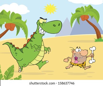 Angry Green Dinosaur Chasing A Caveman. Vector Illustration 