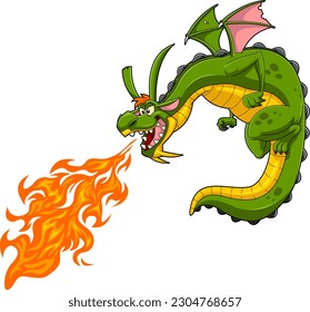 Angry Green Dragon Cartoon Character Flying And Spitting Fire. Vector Hand Drawn Illustration Isolated On Transparent Background