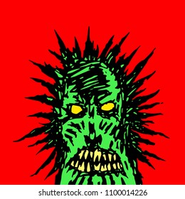 angry green face of a demon. horror genre. vector illustration