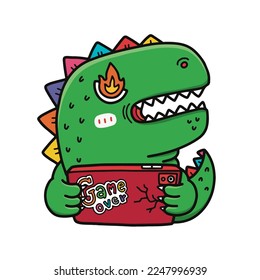 Angry green lizard. Hand drawn dinosaur or crocodile illustration. Losing gamer cartoon.