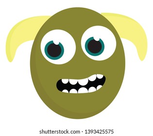An angry green monster with two large yellow horns vector color drawing or illustration