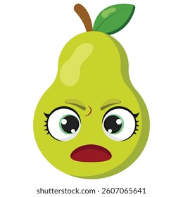 Angry green pear with big expressive eyes and open mouth, isolated on white background. Great for food-related designs, emotions concept, kids prints or educational content
