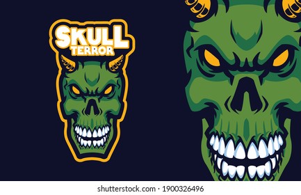 angry green skull head sports logo mascot illustration