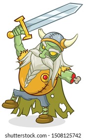 Angry green zombie viking with sword