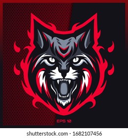 Angry Grey Lynx rugiendo el diseño del logo de mascota deportiva y deportivo en el concepto moderno de ilustración para emblema de placa de equipo e impresión de sed. Ilustración de Grey Lynx en Fondo rojo oscuro. Ilustración del vector