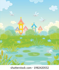 Angry grey mosquitoes flying and humming around a small pond in a green summer park of a pretty town, vector cartoon illustration