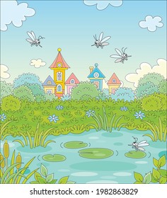 Angry grey mosquitoes flying and humming around a small pond in a green summer park of a pretty town, vector cartoon illustration