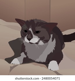 An angry grey and white cat is lying on a blanket. The illustration is made mainly in warm colours. The picture conveys anger, rage, despair, betrayal, dissatisfaction, sadness.