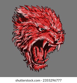 Cabeza de bestia sonriente enojada, efecto de punto medio. Diseño de mascota vectorial