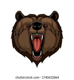 Angry Grizzly Bear Animal Head, Isolated Mascot. Attack, Wild Predatory Animal With Open Mouth And Sharp Teeth. Sports Team Or Hunting Club Emblem. Cartoon Grizzly Bear Roaring And Attacking Sign