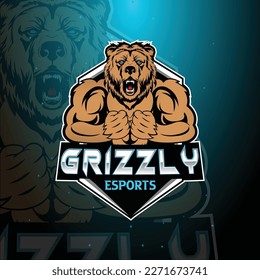 Angry grizzly mascot logo esports design template