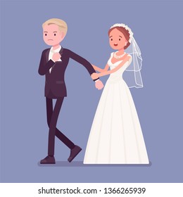 Angry groom leaving bride on wedding ceremony. Unhappy man going away from future wife, changing his mind, refusing to marry her on traditional celebration, break off engagement. Vector illustration