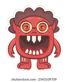 Angry groovy monster sticker, vector red evil character, hippy and trippy avatar, trendy funky illustration