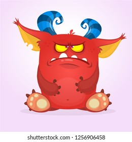 Angry grumpy cartoon monster. Halloween vector horned monster