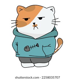 Angry grumpy cat flat vector illustration, wearing green hoodies, a cat in bad mood cartoon wo art vector design illustration print poster wall art canvas  