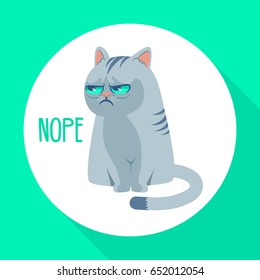 Angry grumpy cat flat vector illustration. Nope kitty on green background