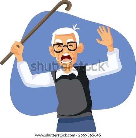 
Angry Grumpy old Man Holding Walking Stick Vector. Upset elderly grandpa yelling and screaming with rage 