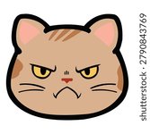 Angry Grumpy Tabby Cat Face Vector - Adorable Mean Kitten Character with Mad Expression and Yellow Eyes in Kawaii Style