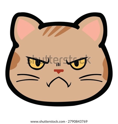 Angry Grumpy Tabby Cat Face Vector - Adorable Mean Kitten Character with Mad Expression and Yellow Eyes in Kawaii Style