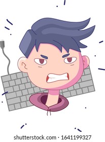 Angry Guy With Blue Hair With Keyboard On Background. Simple Flat Illustration.