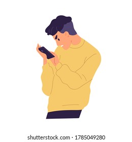 Angry guy with irritable facial expression holding smartphone vector flat illustration. Annoyed male chatting having negative emotions isolated on white. Mad man read bad news use mobile phone