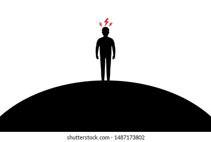 Angry guy stands on a hill, lightning above a man’s head, silhouette art image, vector illustration isolated on white background