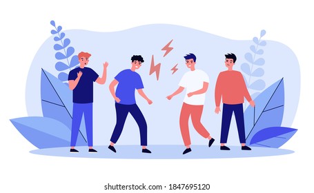 Chicos enojados luchando mano a mano. Ilustración vectorial plana de rayos, enemigo. Cuartel y concepto de relación para banner, diseño de sitio web o página web de aterrizaje