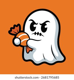 Angry Halloween Ghost Holding Doce Spooky Desenho Animado Ilustração Vetor