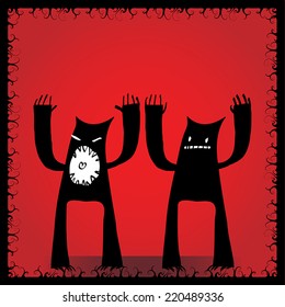 Angry Halloween monsters standing in front of a red background.