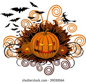 angry halloween pumpkin with bats and witch
