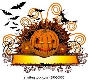 calabaza furiosa de halloween con murciélagos y bruja