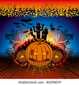 calabaza furiosa de halloween con murciélagos y bruja