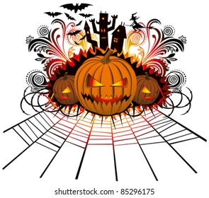 angry halloween pumpkin with bats and witch