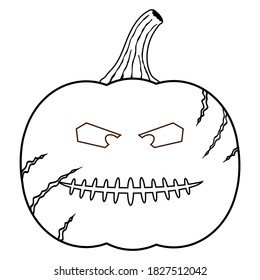Angry halloween pumpkin coloring book page. Jack o lantern carved illustration. Outline doodle poster for children activity, festival, party, leisure time. EPS10