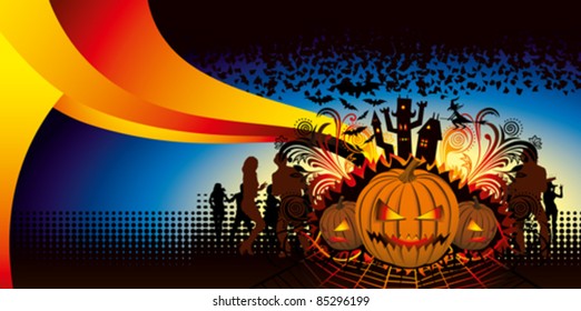 angry halloween pumpkin and dancing people silhouette