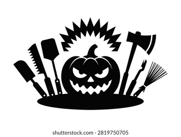Angry Halloween pumpkin with sharp tools like axe, knife, and broom. Scary face and sharp edges. Festive and dangerous holiday graphic.